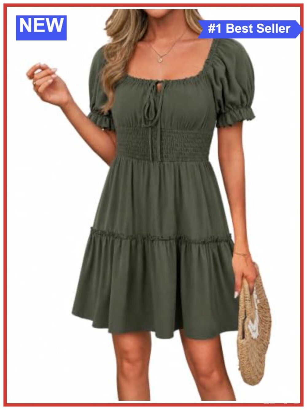 Womens Babydoll Mini Dress Square Neck Short Sleeve Summer Casual